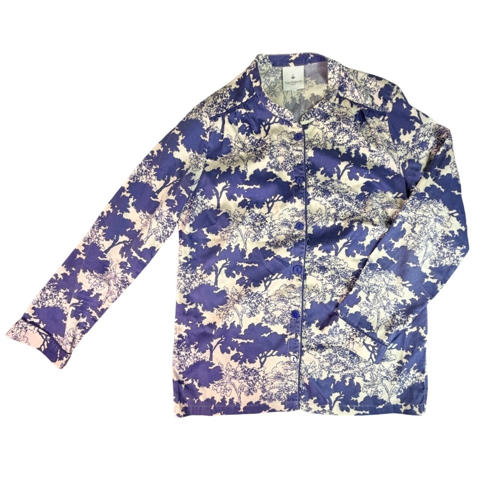 Yves Delorme Paris Blue White Tree Toile Pajama Top Button Front Sleep Shirt S